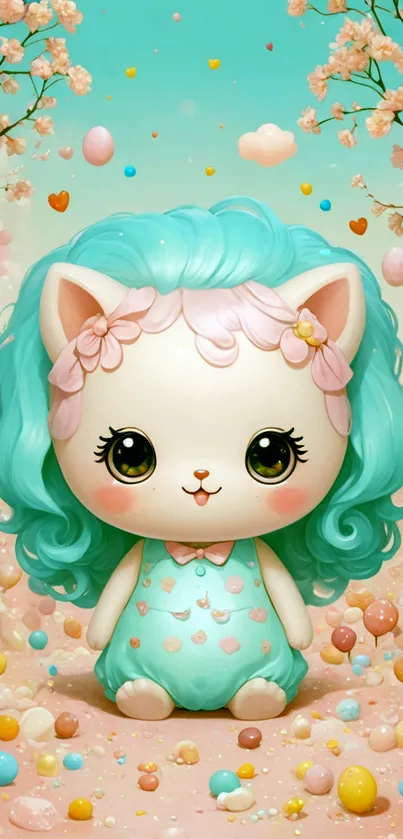 Cute pastel cartoon cat with candy and blossoms in turquoise hues.