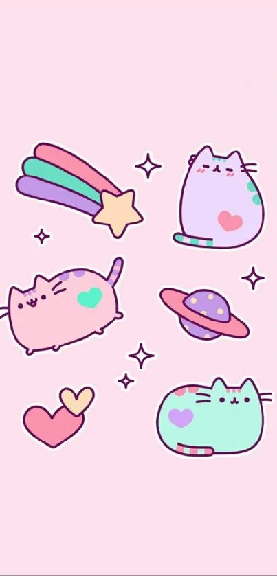 Adorable pastel pink wallpaper with cute cats and stars.