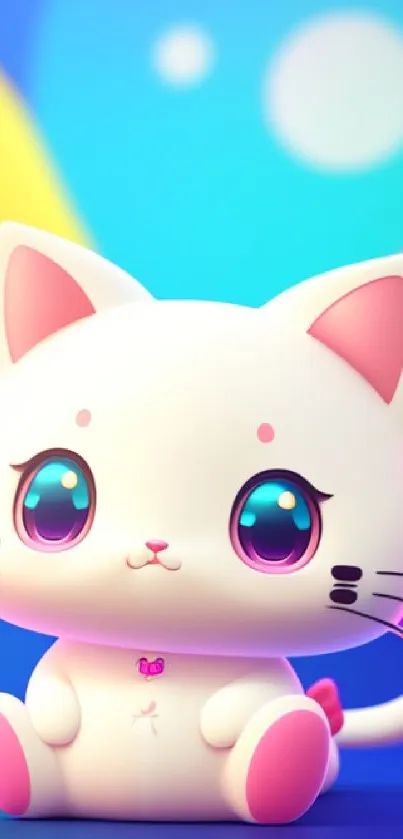 Adorable pastel cartoon cat on a colorful background.