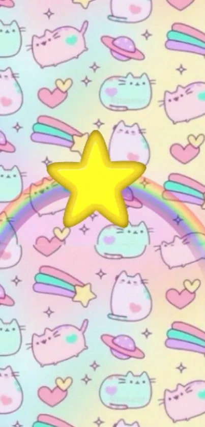 Cute pastel wallpaper with cats and rainbows.