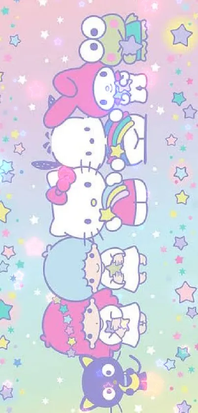 Pastel characters with rainbow and star designs on a mobile wallpaper.