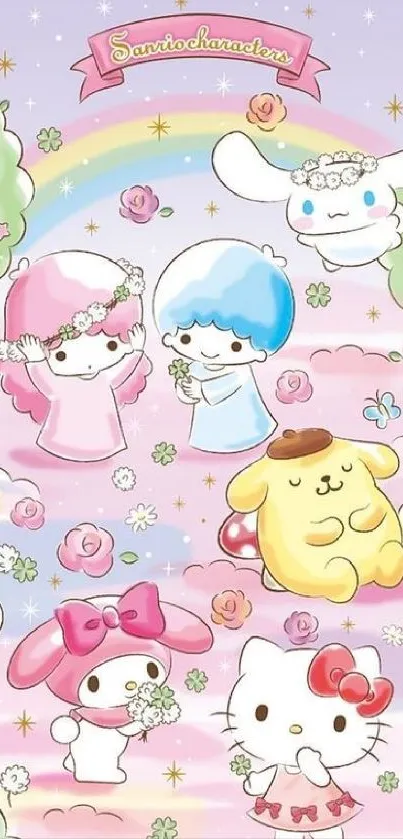 Adorable pastel wallpaper with cute characters and a rainbow background.