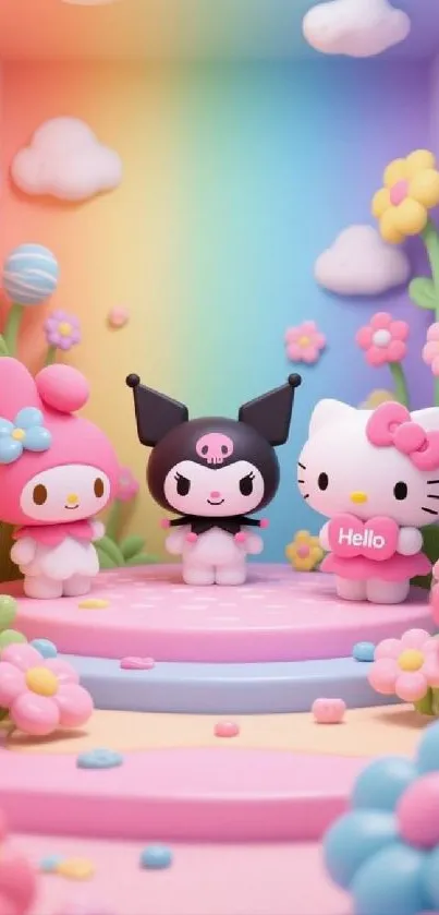 Cute pastel characters amidst colorful flowers and rainbows.