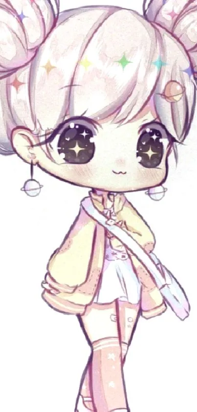 Adorable chibi girl in pastel colors with sparkling eyes.