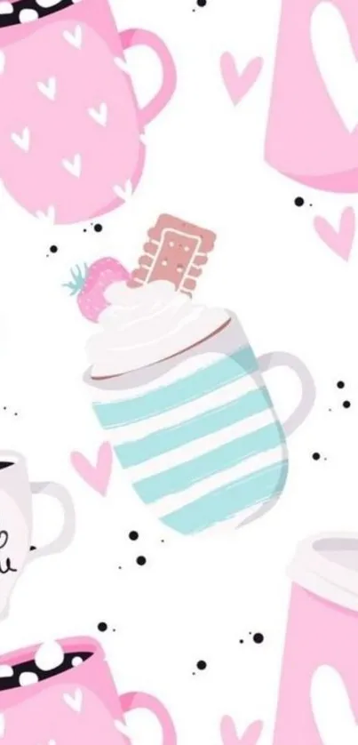 Cute pastel coffee cup wallpaper with hearts and cozy designs.