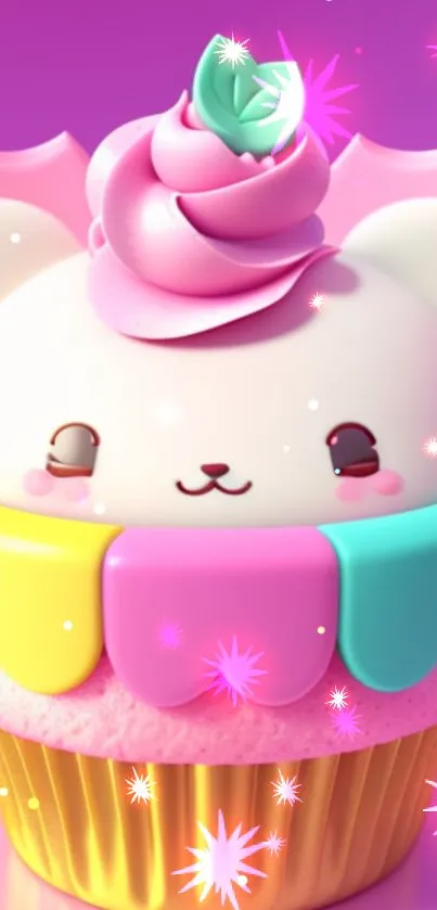 Adorable pastel cat cupcake mobile wallpaper with vibrant colors.