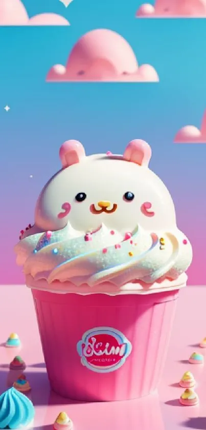 Adorable pastel cupcake with a fantasy background and cute cloud elements.