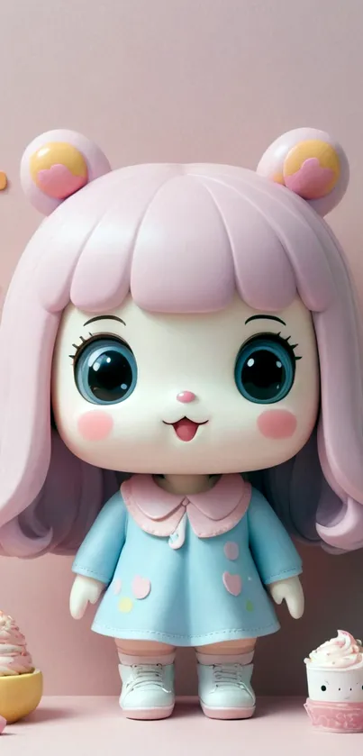 Cute cartoon doll in pastel colors with pink and blue elements.