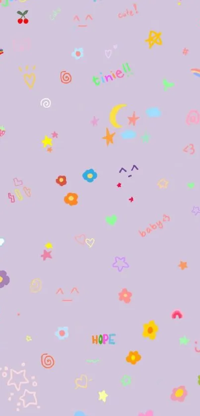 Cute pastel doodle wallpaper with colorful icons and symbols.