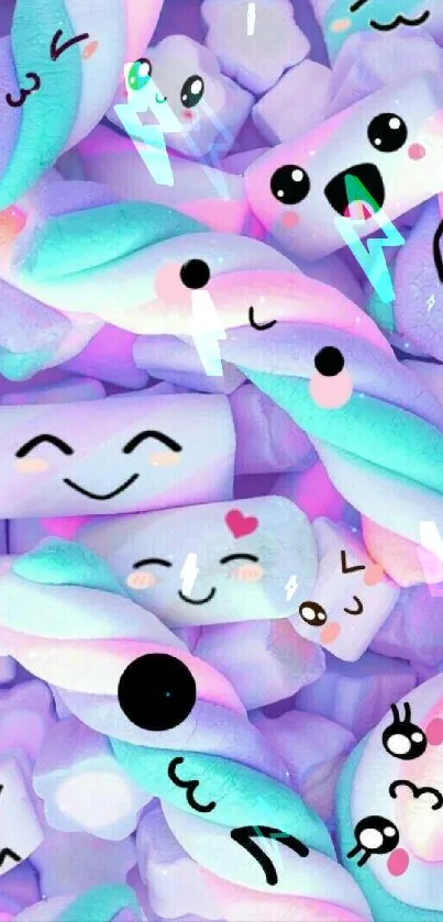 Cute pastel emoji wallpaper with marshmallow patterns.