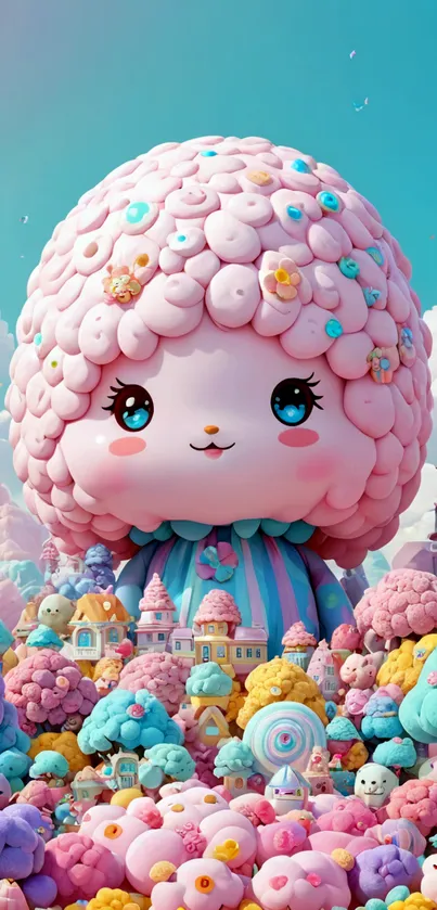 Adorable cartoon creature in a pastel fantasy world.