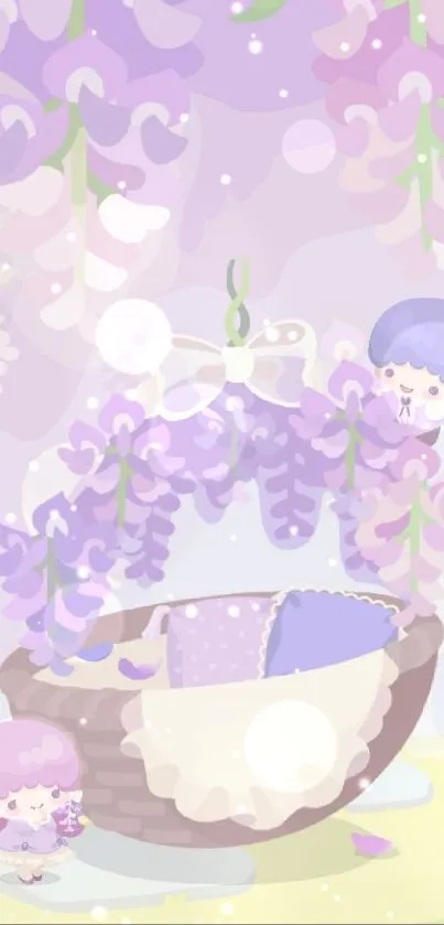 Cute pastel fantasy wallpaper with floral elements.