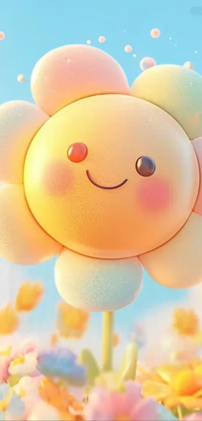 Cute smiling flower with pastel petals under a sky blue background.