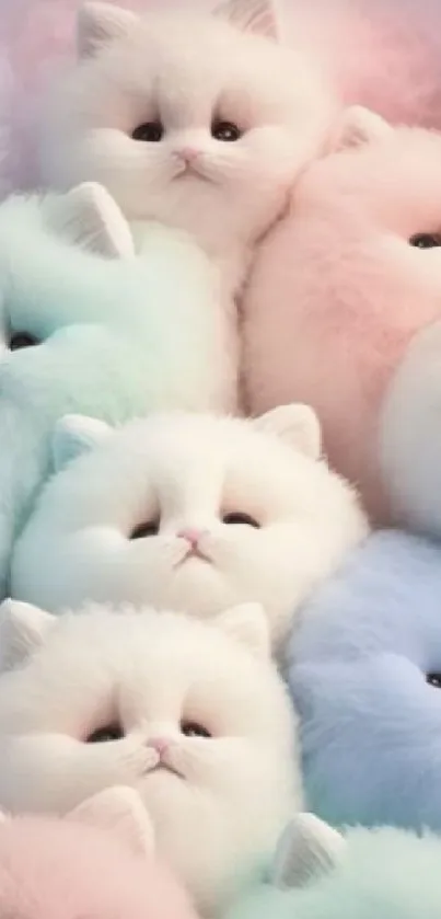 Cute pastel fluffy cats grouped together in a charming mobile wallpaper.