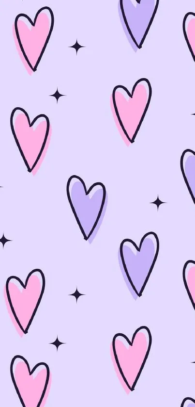 Pastel heart mobile wallpaper with pink and purple hues on a lavender background.