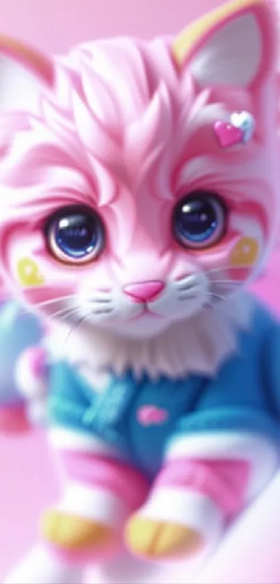 Adorable pink fluffy kitten with heart accessory on pastel background.