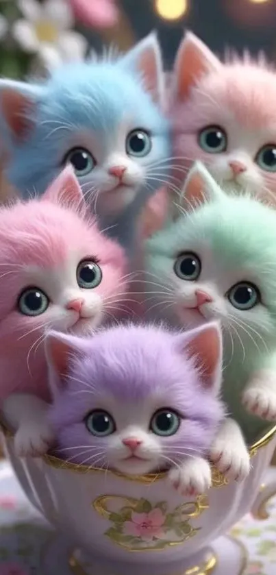 Five pastel kittens in a teacup, looking adorable.