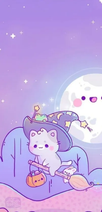 Cute kitty witch under a lavender night sky with a smiling moon.