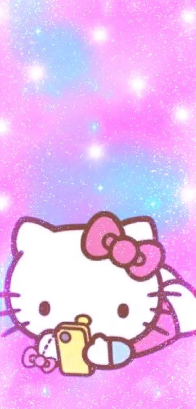 Cartoon kitty with a pastel galaxy background.