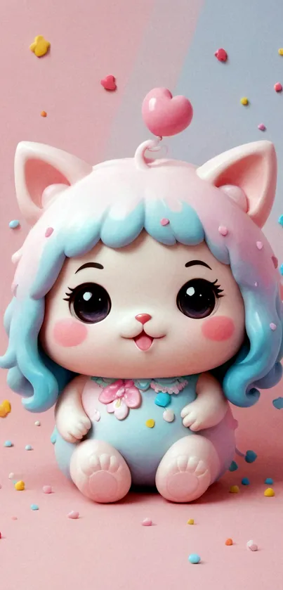 Cute pastel wallpaper of a chibi kitty with heart confetti.