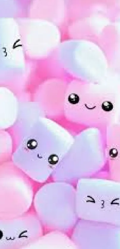 Cute pastel marshmallow wallpaper with smiling kawaii faces.