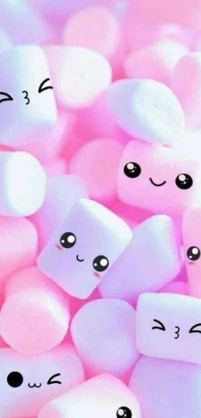 Cute pastel marshmallow faces wallpaper with pink and purple hues.