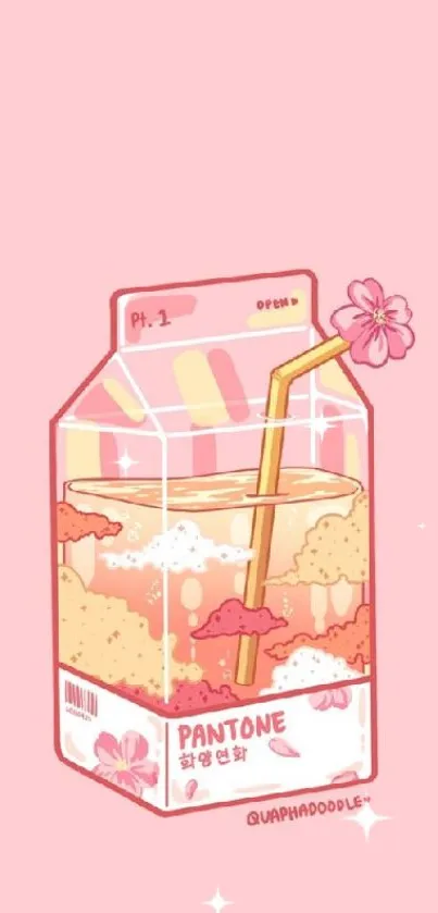 Pink aesthetic wallpaper with a juice carton illustration.