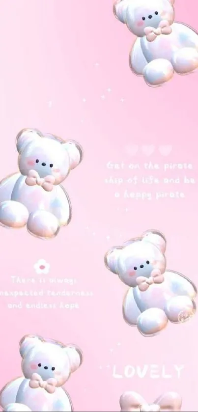 Adorable pastel teddy bear wallpaper with soft pink background.