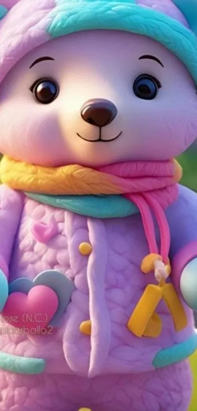 Adorable pastel teddy bear in cozy outfit with soft colors and charming details.