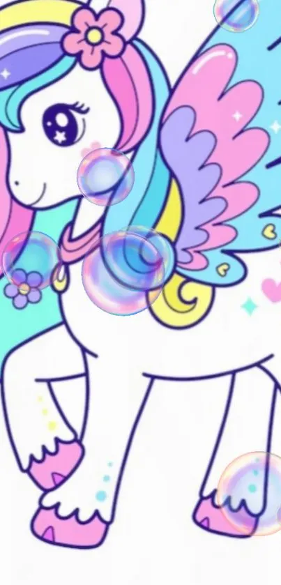 Colorful pastel unicorn with bubbles on mobile wallpaper.