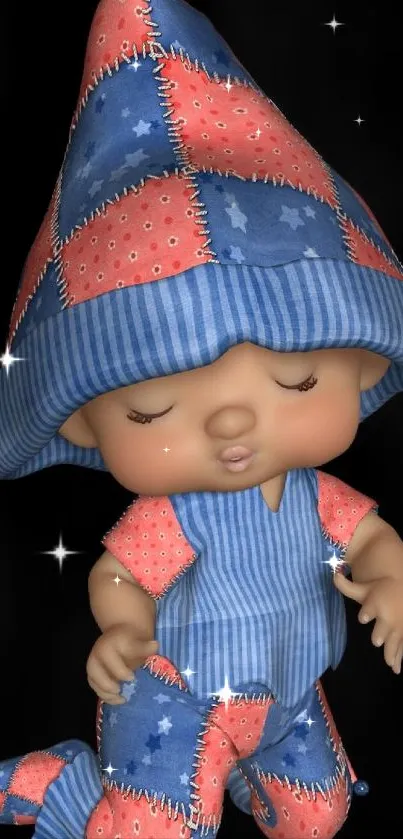 Cute patchwork doll in blue and red hat against black background.