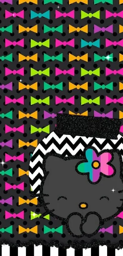 Cute cartoon kitty with colorful bow tie pattern on phone wallpaper.