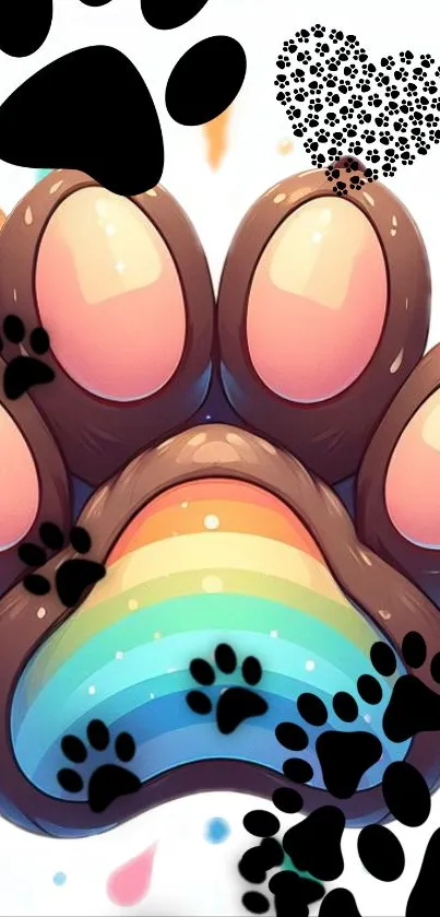 Illustrated cute paw with rainbow and black paw prints.