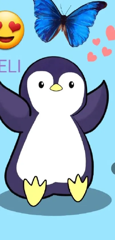 Cute cartoon penguin with blue butterfly and emojis.