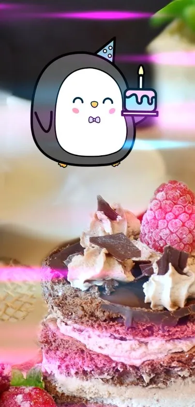 Cute penguin with birthday cake on a colorful dessert background.