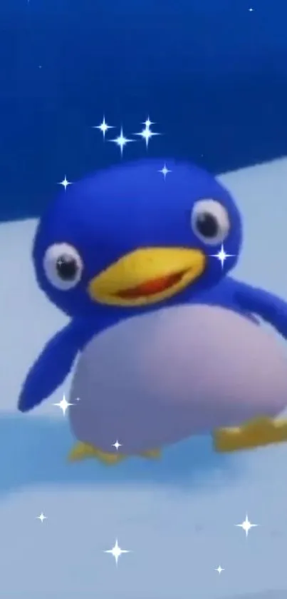 Cute cartoon penguin with stars on a blue and snowy background.