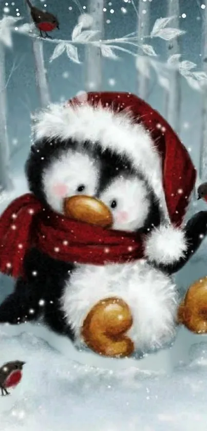 Christmas penguin wallpaper with red scarf in snowy forest.