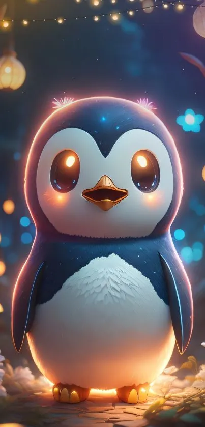 A cute penguin in an enchanting night with glowing lanterns and flowers.