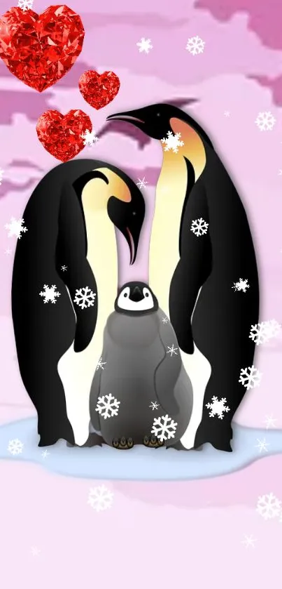Cute penguin family with hearts and snowflakes on a pink background.