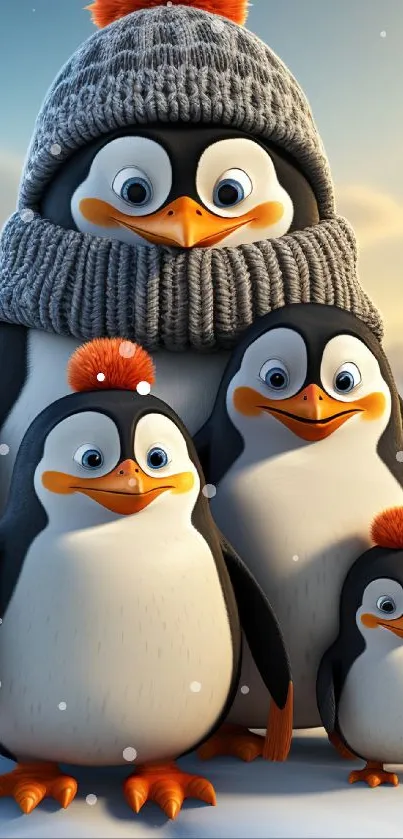 Cartoon penguin family with warm hats in snow.