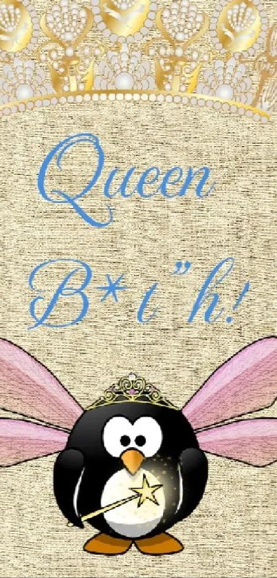 Whimsical penguin with tiara and fairy wings on textured gold background.