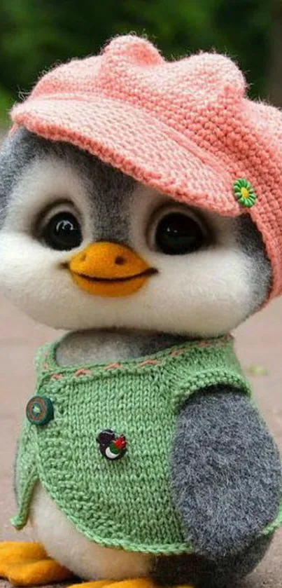 Cute penguin wearing a pink hat and green vest, standing outdoors.