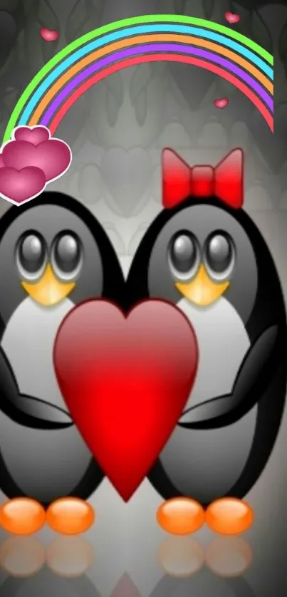 Cute penguin couple with heart and rainbow on wallpaper.