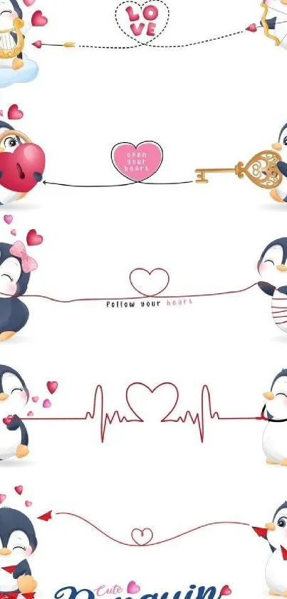 Cute penguins with heart-themed designs, perfect for a love-themed mobile wallpaper.