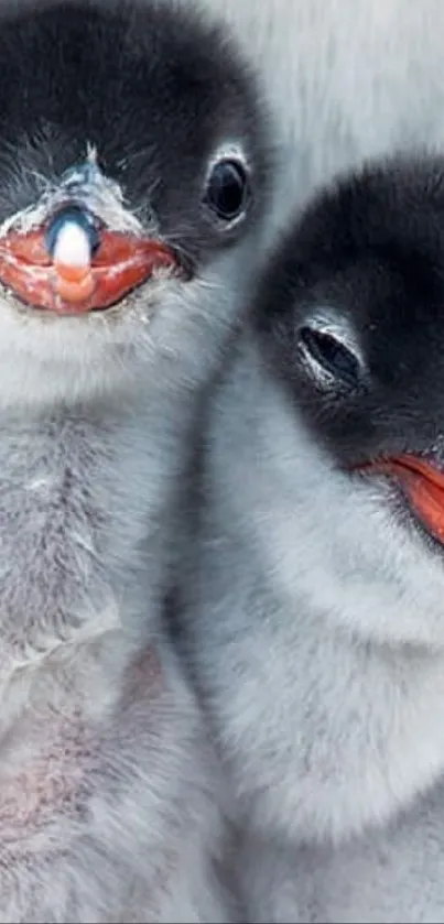 Two fluffy penguin chicks with gray and black feathers.