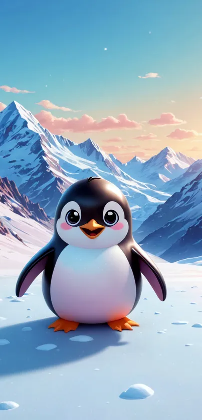 Cute cartoon penguin with snowy mountains and vibrant sky.