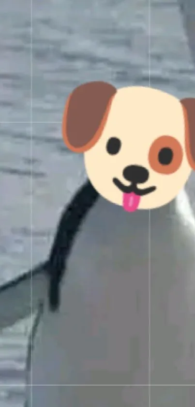 Playful penguin holding a sword with dog emoji face on snow.