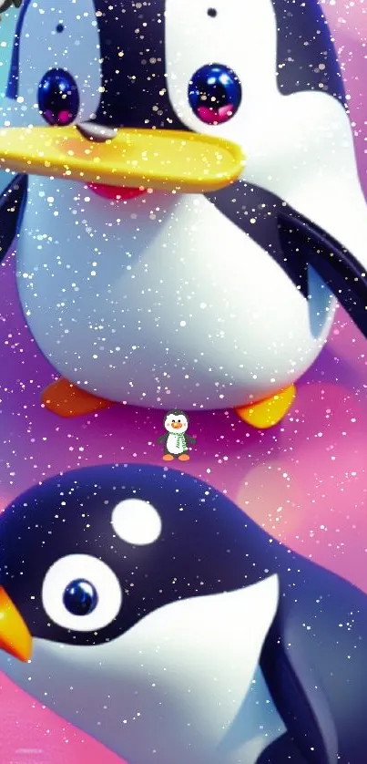 Cute penguin and snowflakes on a colorful phone background.