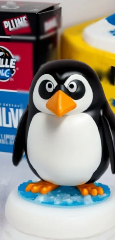 Cute penguin toy with colorful background.