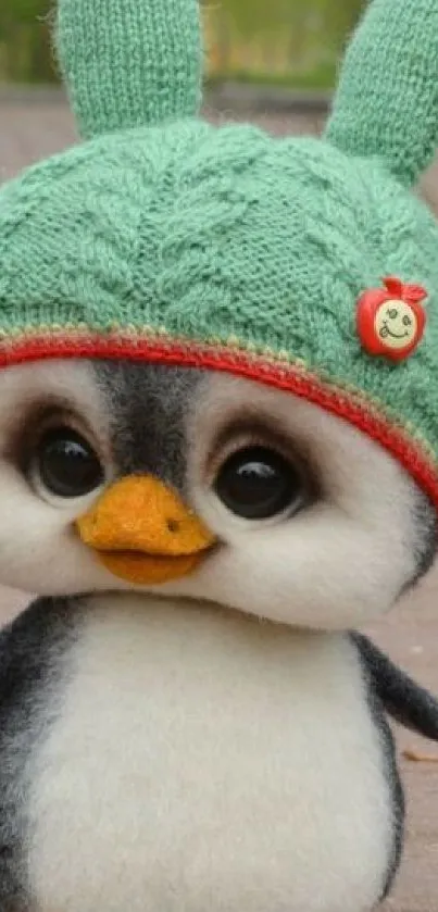 Cute penguin wearing green knitted hat on mobile wallpaper.